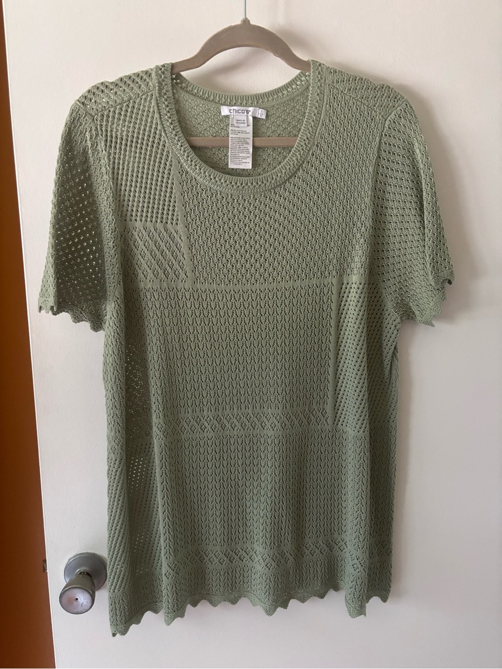 Chico's Sage Green Open-Knit Short Sleeve Top size 16
